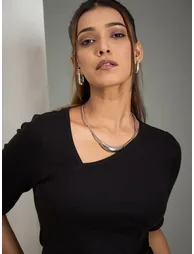 Women Black Asymmetrical Neck Ribbed Top - 4