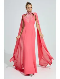 Aspasia Red Beaded Cape Sleeve Evening Gown - 1