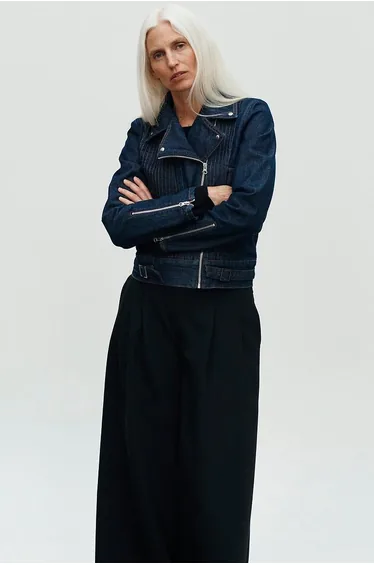 Short Denim Jacket with Biker Style