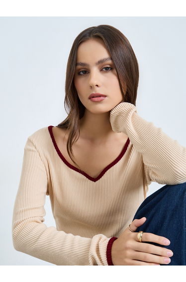 Women Beige Long Sleeve Ribbed Top