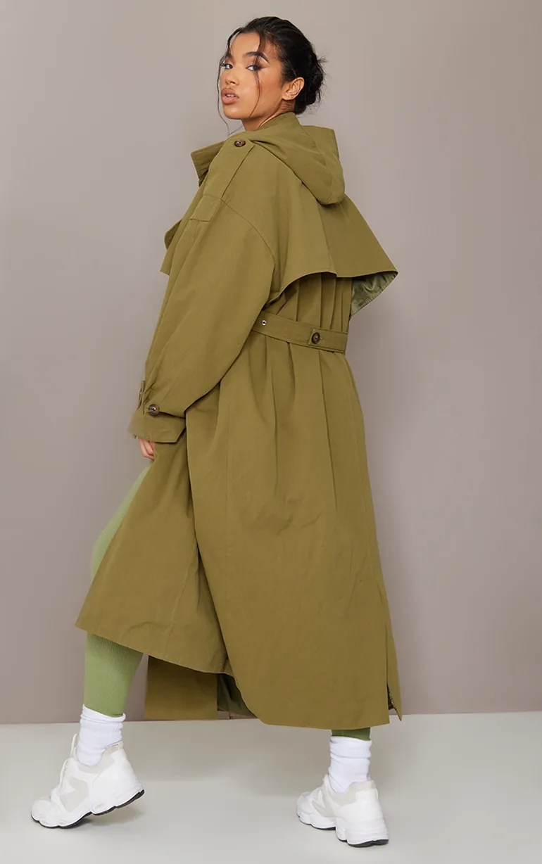 Khaki Hooded Oversized Woven Trench Coat - 2
