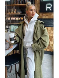 Khaki Hooded Oversized Woven Trench Coat