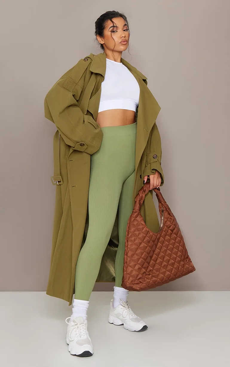 Khaki Hooded Oversized Woven Trench Coat - 1