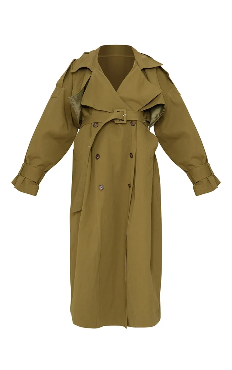 Khaki Hooded Oversized Woven Trench Coat - 5