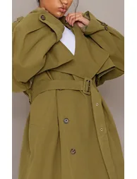 Khaki Hooded Oversized Woven Trench Coat - 4