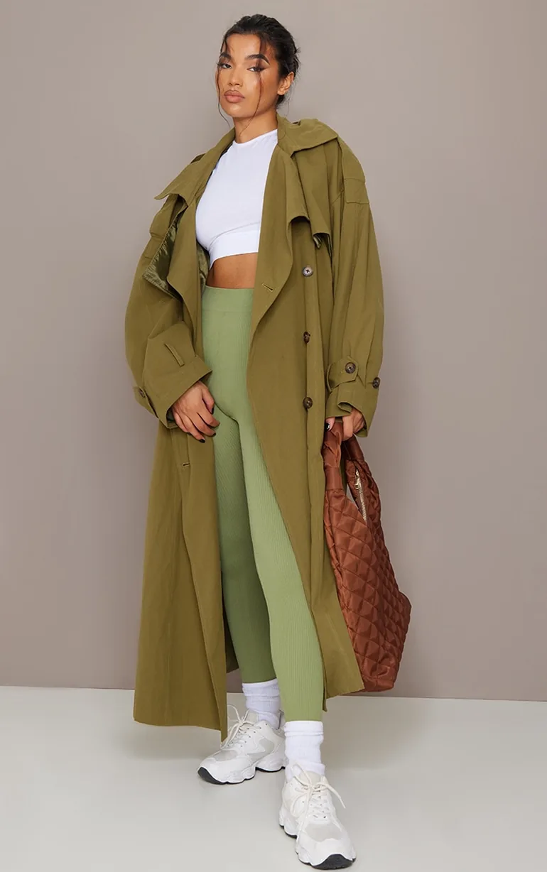 Khaki Hooded Oversized Woven Trench Coat - 3