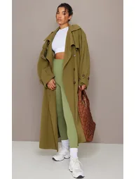 Khaki Hooded Oversized Woven Trench Coat - 3