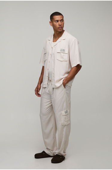 Linen Oversized Short Sleeve Cargo Shirt & Baggy Trouser Set - natural