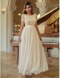 Leely Elegant Round Neck Short Sleeve Beaded Tulle Wedding Gown - 5