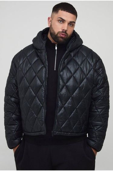 Plus Oversized Boxy High Shine Quilted Hooded Funnel Puffer Jacket - black