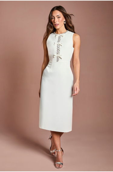Sleeveless Crepe Midi Dress With Diamante Bow Detail