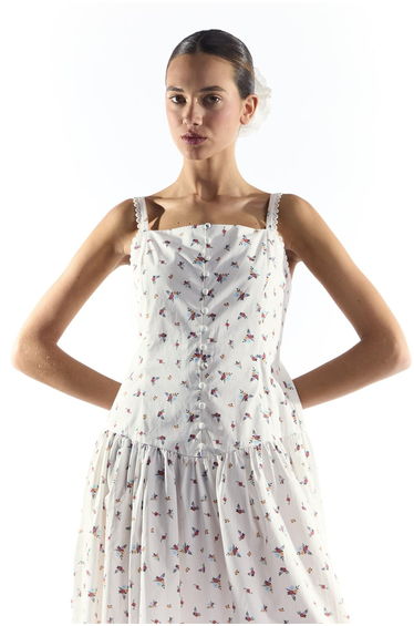Dropped Waist Midi Dress with Trim in White Floral Colour product thumbnail 3