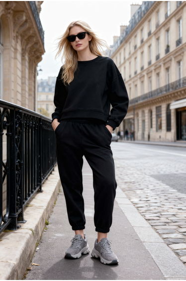 Black Regular/Normal Fit Basic Knitted Tracksuit Set With Fleece Inside