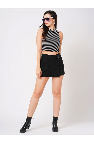 Black Slim Fit Denim Skort with Pocket