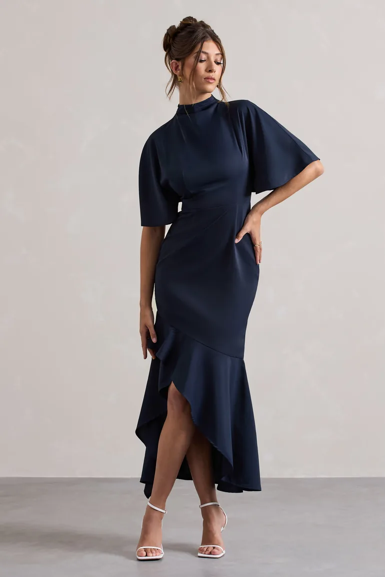 Shop Lavinia | Navy High-Neck Flutter-Sleeve Asymmetric Maxi Dress Online  in Oman