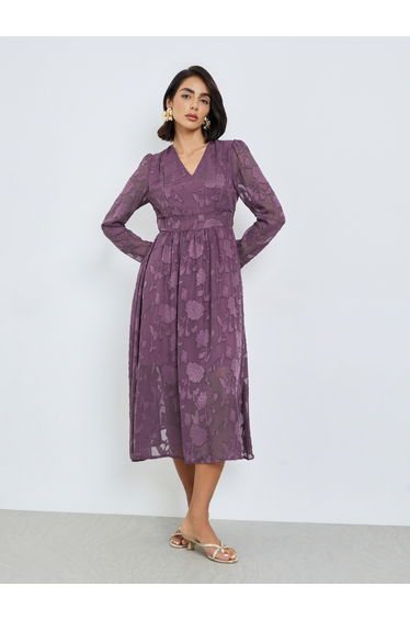 Purple Floral Jacquard A-Line Midi Dress