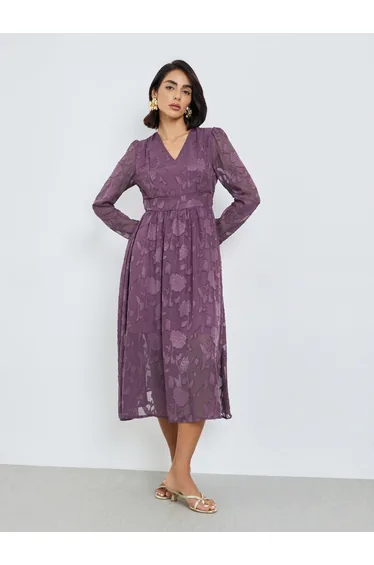 Purple Floral Jacquard A-Line Midi Dress
