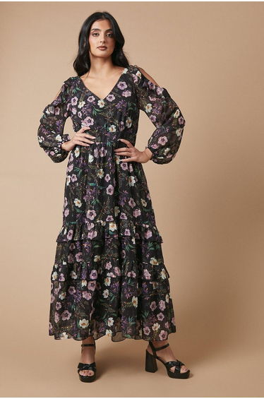 Occasion Printed Metallic Cold Shoulder Maxi Dress