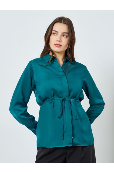 Women Teal Long Sleeve Shirt with Drawstring