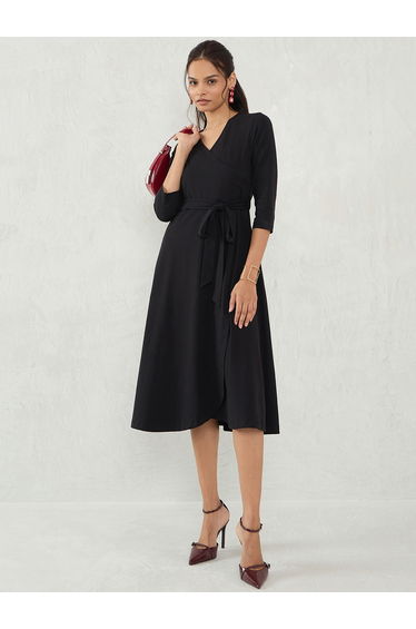 Black Knit Wrap Midi Dress
