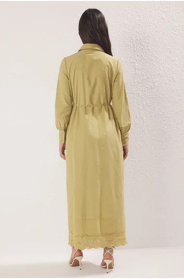 Oil Green Skirt Embroidered Detailed Woven Dress