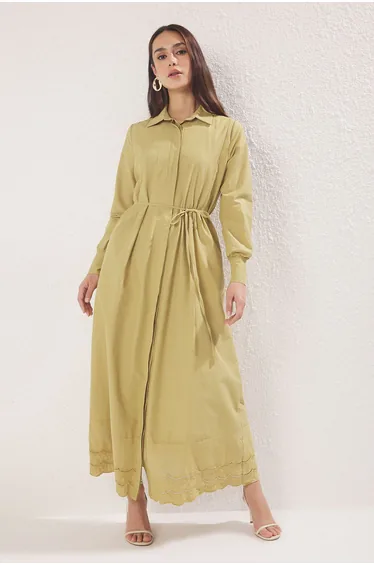 Oil Green Skirt Embroidered Detailed Woven Dress