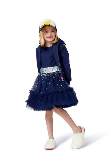 Billieblush Girls Velvet and Mesh Sequin Dress in Navy