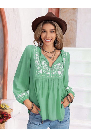 Women Green Embroidered Tie-Up Neck Top