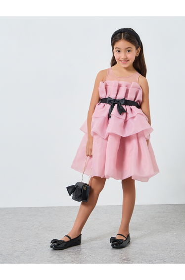 Girls Pink Bow Detail Ruffled Layered Dress