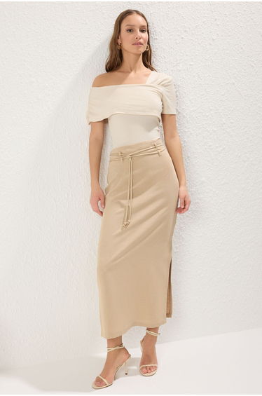 Stone Cord Belted Linen Blend Side Slit Maxi Length Woven Skirt