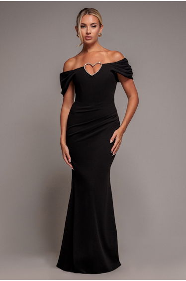 Goddiva Diamante Heart Trim Evening Maxi Dress - Black