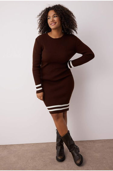 Brown Striped Detailed Ribbed Knitwear Dress
