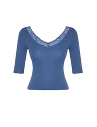 Indigo Lace Detailed V-Neck Fitted Cotton Stretchy Knitted Blouse - 4