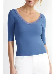 Indigo Lace Detailed V-Neck Fitted Cotton Stretchy Knitted Blouse - 2