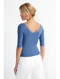 Indigo Lace Detailed V-Neck Fitted Cotton Stretchy Knitted Blouse - 7