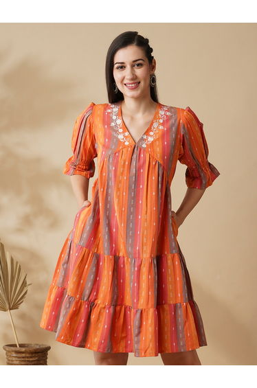 Orange Striped V Neck Knee Length Dress