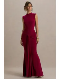Graziana | Dark Cherry High-Neck Gathered Draped Maxi Dress - 3