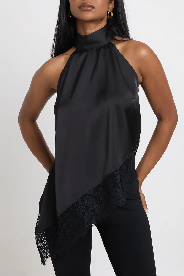 Satin High Neck Lace Trim Top - black - 3