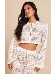 Cream Lace Button Detail Crop Top - 1