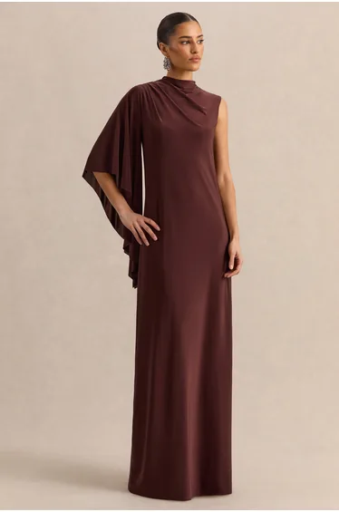 Marosia | Brown High-Neck Maxi Dress With Cape Sleeve