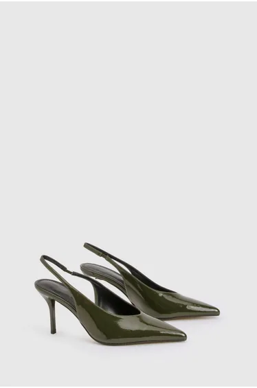 Patent Effect Slingback Court Shoe Heels - olive