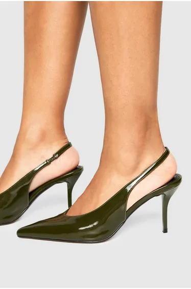 Patent Effect Slingback Court Shoe Heels - olive