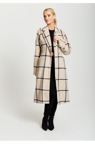Women's Longline Check Coat with Notch Collar