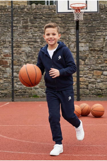 Navy blue hooded printed boys' knitted bottom - top set