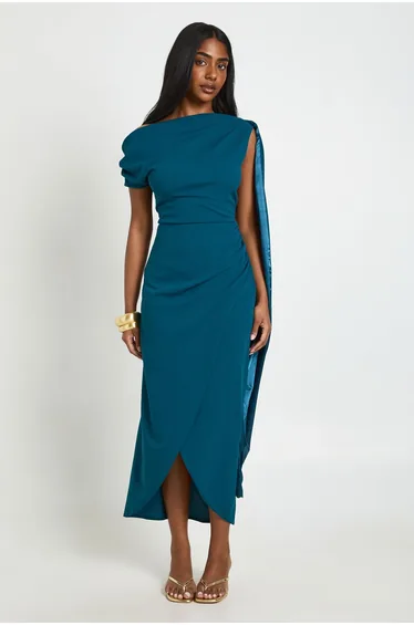 Ruched Asymmetric Drape Detail Midaxi Dress - teal