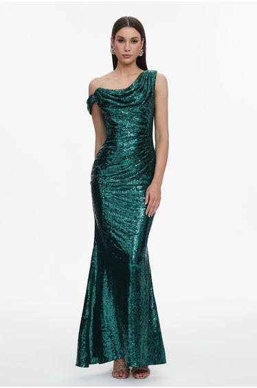 Paza Glamorous Contour Cowl Neck One Shoulder Ruched Sequin Maxi Dress