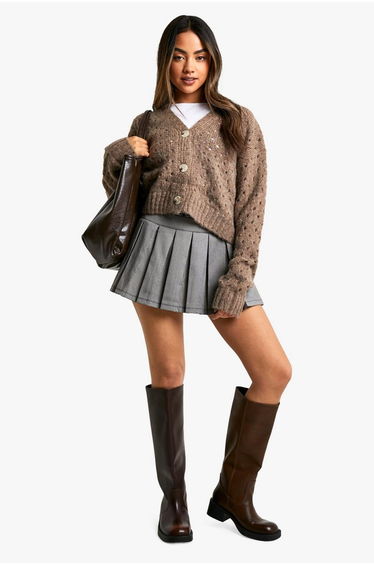 Fluffy Knitted Hole Detail Cardigan - camel
