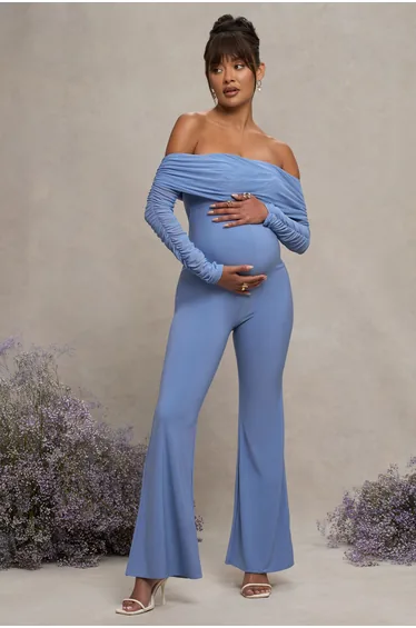 Powder Blue Maternity Ruched Mesh Bardot Jumpsuit