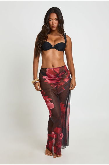 Floral Print Sheer Mesh Maxi Beach Skirt - pink