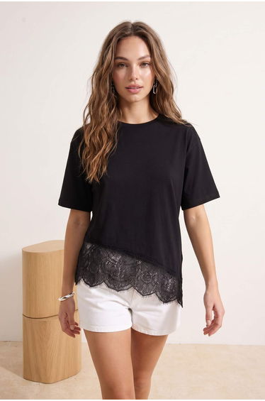 More Sustainable Black Crew Neck Lace-Trimmed Knitwear Blouse
